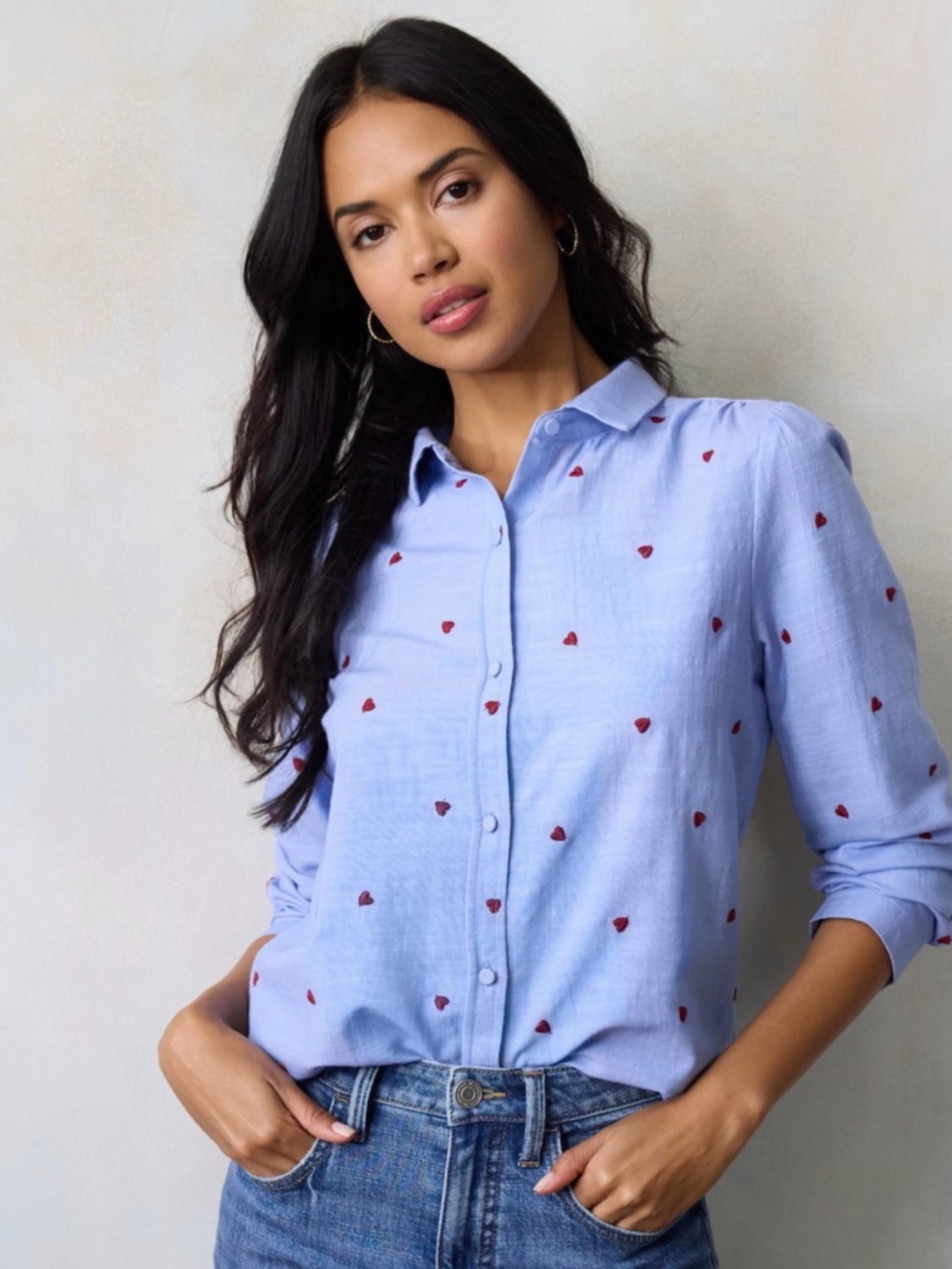 <LC Lauren Conrad> Light Blue Button-Down Shirt with Red Heart Print